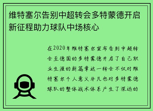 维特塞尔告别中超转会多特蒙德开启新征程助力球队中场核心